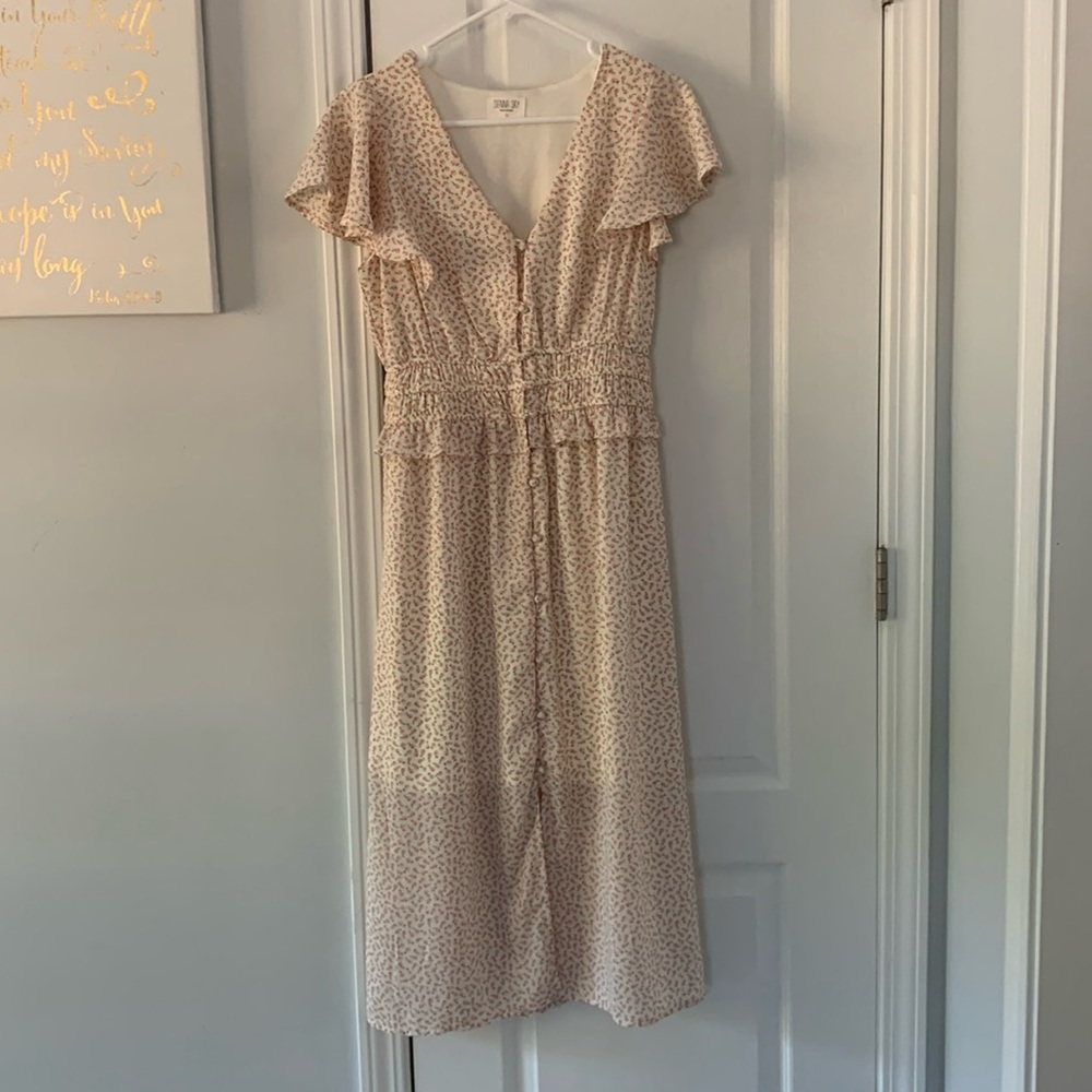 Floral midi dress with flutter sleeve and rouching at waist size M cottage - Picture 1 of 13